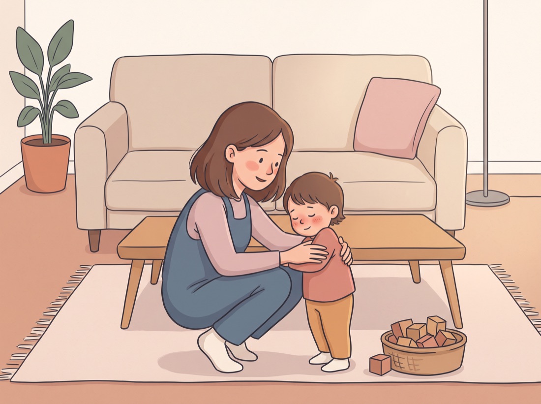 La même mère accroupie à hauteur de son enfant, qui se blottit contre elle